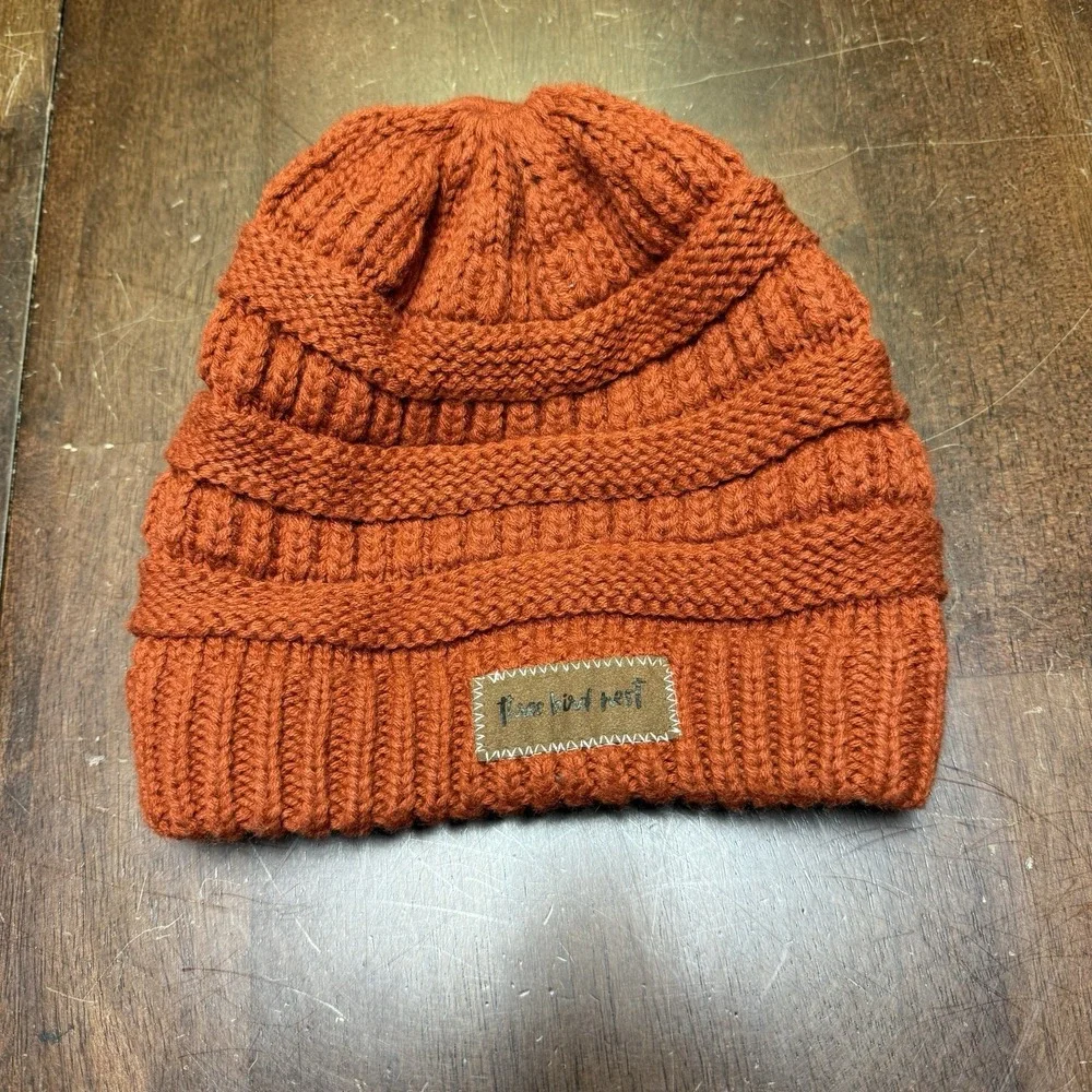 Three Bird Nest Dark Orange Acrylic Knit Winter Patch Hat Ponytail
